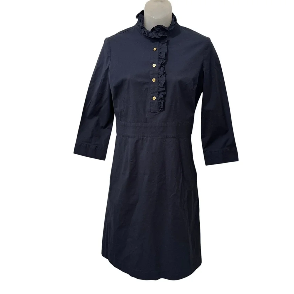 Tory Burch Navy Ruffle Shirt Dress Gold Buttons 3/4 Sleeve‎ Sz 4